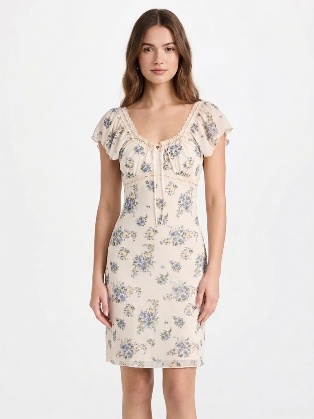 Delicate Cream Floral Ruffle-Sleeve Dress